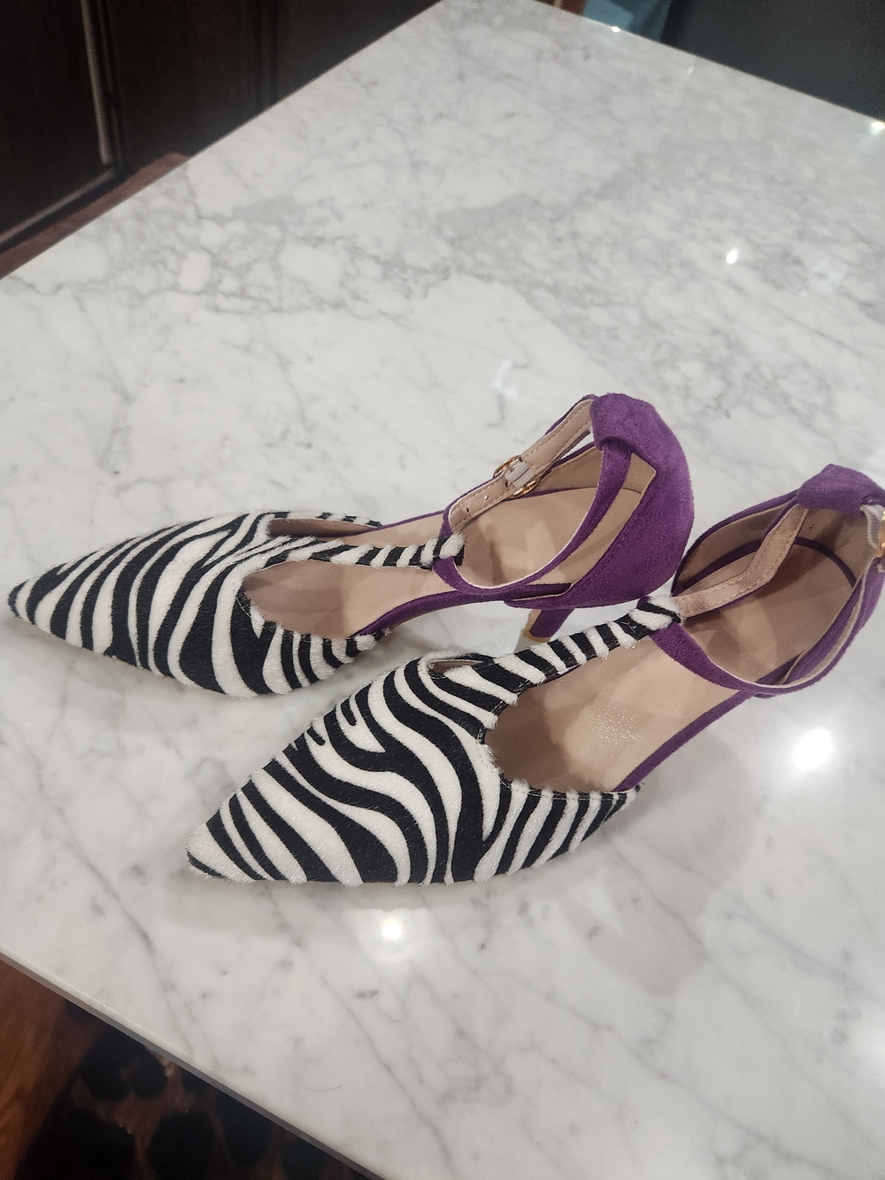 Purple & Black Zebra Print Pointed Toe Ankle Strap Heels, Beautiful Color Combo.